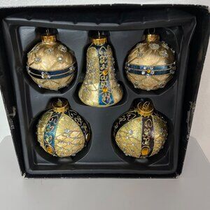 Vintage 5-Piece Hand-Painted Jeweled‎  Glass Christmas Ornaments Set